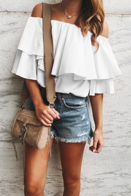 White Soft Breeze Frilling Off-shoulder Top