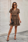 Leopard Cheetah Print Split Neck Flutter Sleeve Flowy Tunic Mini Dress