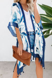 Blue Bohemian Print Open Front Loose Kimono Beach Cover up