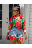 Red Sexy African Print Button Down Long Sleeve Collar Loose T-Shirt Blouse