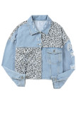 Sky Blue Plus Size Leopard Ripped Cropped Denim Jacket