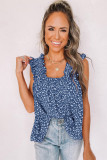 Sky Blue Floral Ruffled Straps Flowy Tank Top