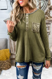 Green Waffle Elbow Patch Buttoned Long Sleeve Top