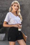 Black Elastic Waistband Pocket Drawstring Shorts with Button