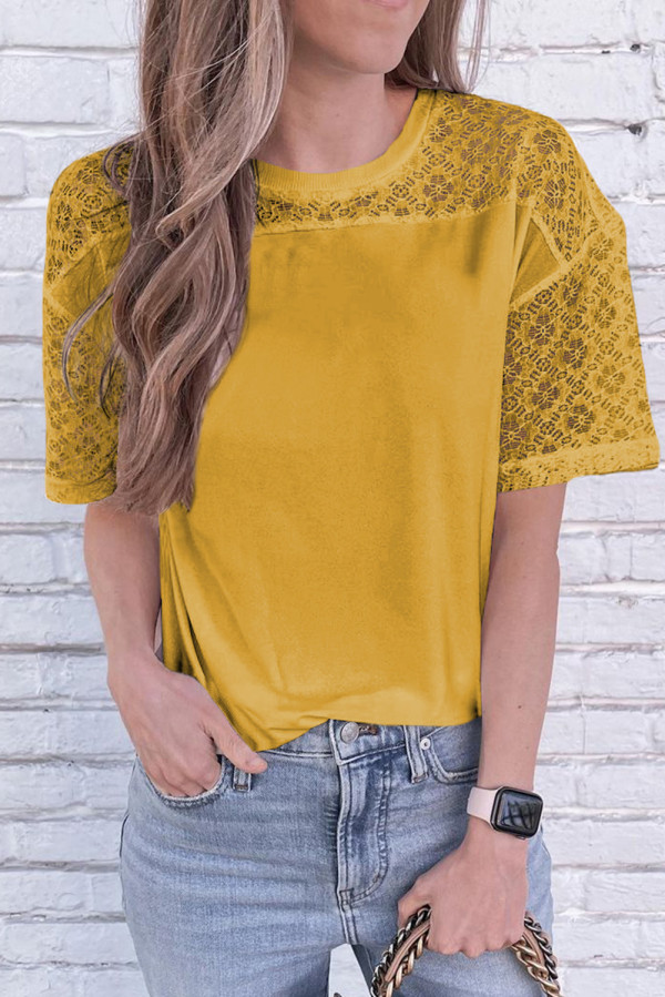 Yellow Plain Lace Stitching Short Sleeve Tee