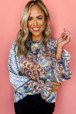 Sky Blue Mixed Floral Geometric Print Ruffled Long Sleeve Blouse