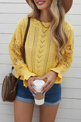 Yellow Crochet Lace Pointelle Knit Sweater