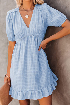 Sky Blue Checkered Pattern Puff Sleeve Babydoll Dress