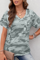 Green V Neck Front Pocket Camo Tee