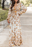 Yellow Leaf Print V Neck Puff Sleeve Maxi Dress