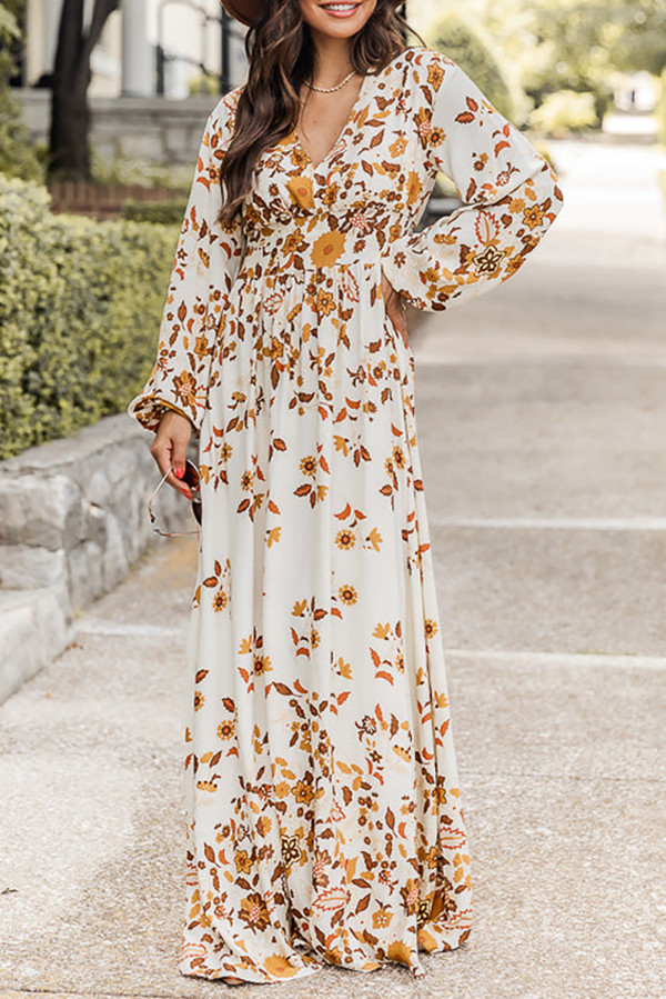 Yellow Leaf Print V Neck Puff Sleeve Maxi Dress