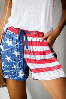 American Flag Drawstring Casual Elastic Waist Pocketed Shorts