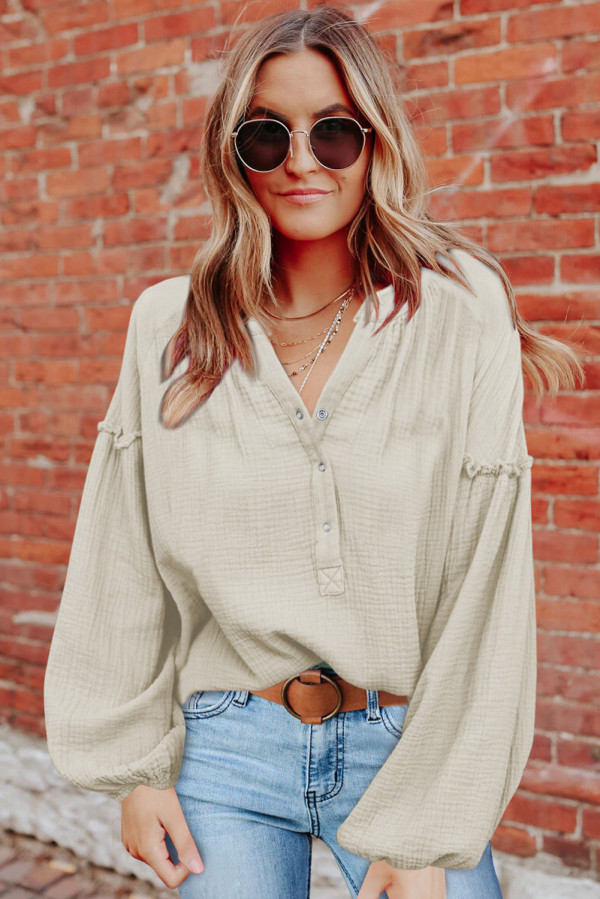 Apricot Casual Balloon Sleeve Crinkled Top