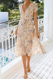 V Neck Short Sleeve Waist Tie Floral Dress