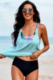 Sky Blue Printed Splicing Racerback Tankini