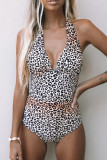 Leopard Print Halter Neck Backless One-piece Swimwear