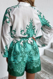 Green Puffy Sleeves Printed Rompers