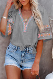 Gray Tassel Drawstring Embroidered Half Sleeve V Neck Top