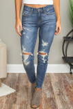 Blue Hollow Out Vintage Skinny Ripped Jeans