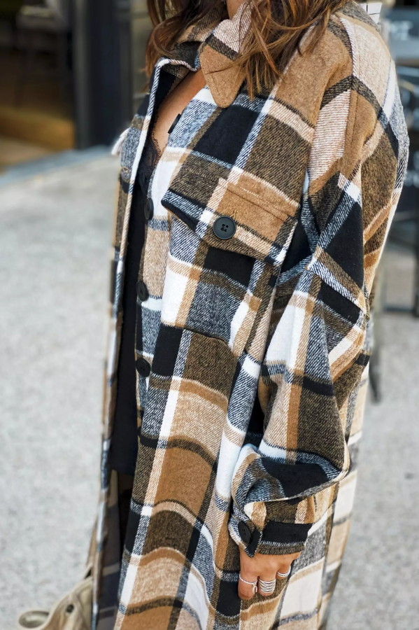 Plaid Button Down Pocketed Shacket Jacket Coats Women UNISHE Wholesale