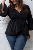 Black Surplice V Neck Flare Sleeves Plus Size Top