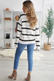 White V Neck Stripes Colorblock Button Cardigan