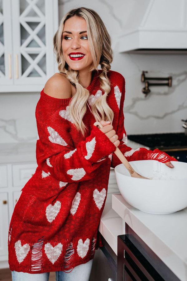 Red Heart Shape Print Hollow Out Sweaters