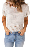 White Open Knit Hollow-out Short Sleeve Top