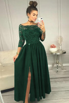 Green Off Shoulder Lace Bodice High Waist Maxi Skirt Evening Dress