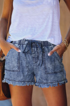 Blue Casual Pocketed Frayed Denim Shorts