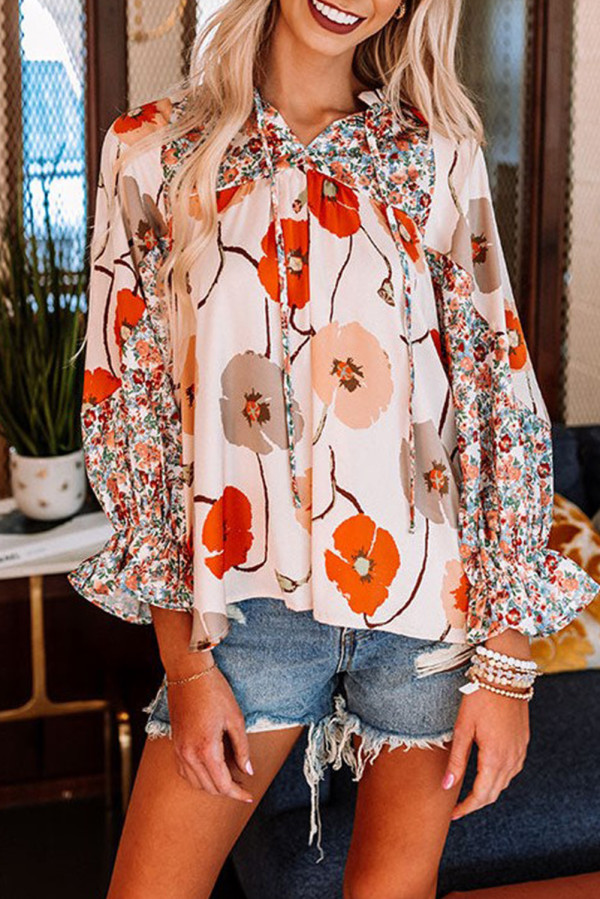 Orange Floral Print Ruffled Drawstring V Neck Blouse