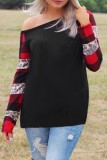 Black Leopard Printed Plaid Splicing Long Sleeve Top