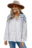 Sky Blue Floral Print Drawstring Loose Puff Sleeve Shirt