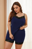 Navy Plus Size Pajamas Set with Lace Trim