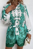 Green Puffy Sleeves Printed Rompers