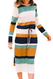 Green Multicolor Block Drawstring Waist Long Sleeve Midi Dress
