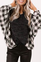 Black Buffalo Plaid Splicing Split Neck Knit Top