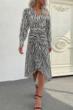 Zebra Striped V Neck Irregular Length Midi Dress