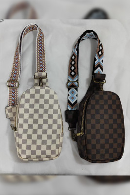 Plaid Print Aztec Embroidered Straps Zip Crossbody Bag Fanny Pack MOQ 3pcs