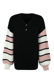 Colorblock Splicing Lantern Sleeves Waffle Knit Top