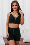 Black Ribbed Knit Zip-up Crop Top and High Waist Shorts Set