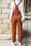 Brown Button Down Tie Strap Corduroy Jumpsuits