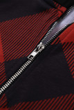 Red Plaid Color Block Zipper Turn Down Collar Long Sleeve Top