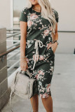 Short Sleeve Pocketed Drawstring Casual Floral Dress