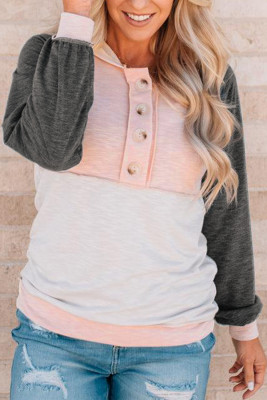 Gray Colorblock Button Accent Pullover Hoodie