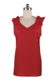 Red Solid V Neck Ruffled Shoulder Tank Top
