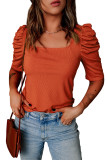 Orange Puff Sleeve Square Neck Ribbed Top