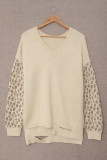 Khaki Distressed Hemline Leopard Sleeve Plus Size Sweater