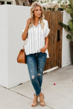 Gray Striped Short Sleeve Buttoned Pocket Shirt