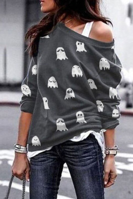 Gray Halloween Ghost Print Sweatshirt